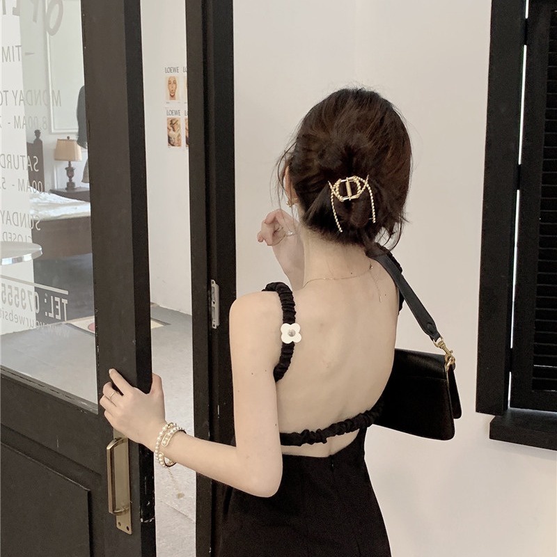 Gaun gaya korea wanita backless lipit tepi jamur suspender dress French square neck hitam A-line rok