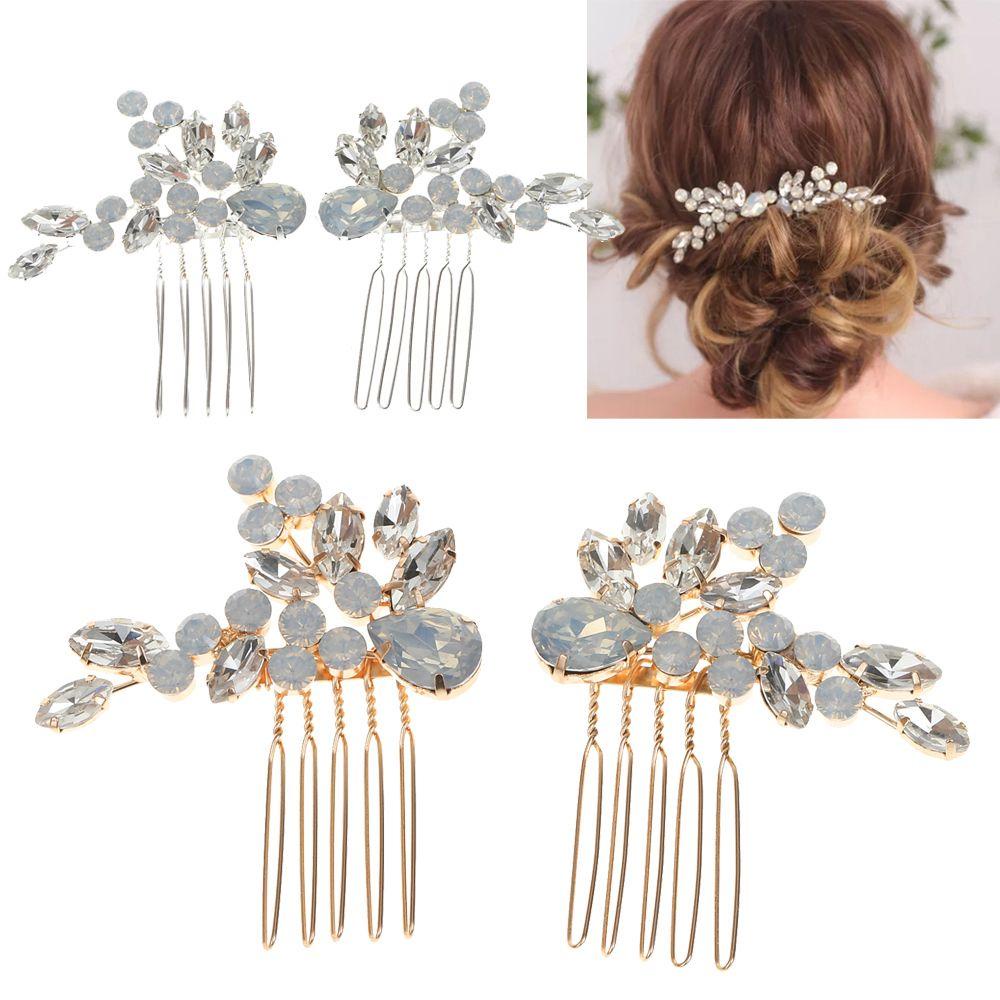 Lily 2pcs/set Wanita Sisir Rambut Alat Styling Pernikahan Kristal Opal Perhiasan