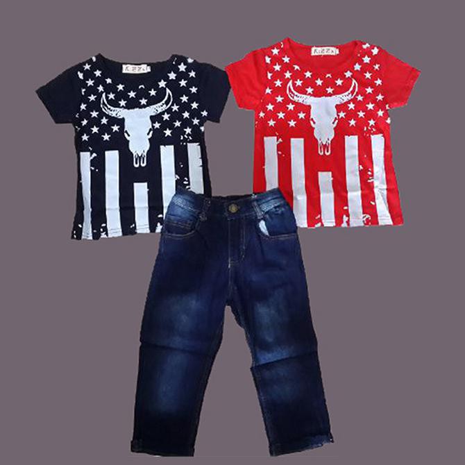 Setelan Baju 2 Kaos + Jeans Anak-Anak Buffalo (ZH-KFC003)