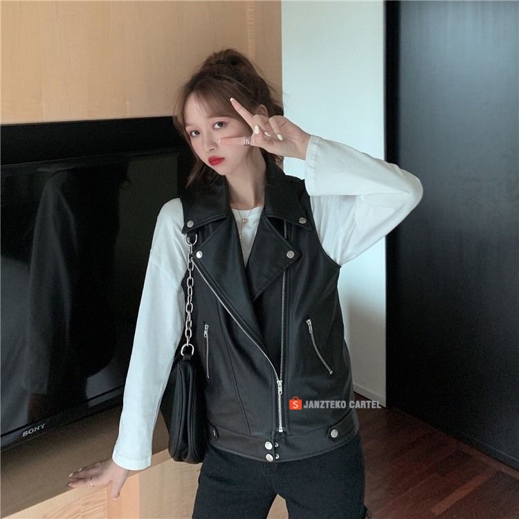 JNK x ROSE - Rompi Vest Slim Fit Wanita Biker Bahan Semi Kulit Sintetis Viena Faux Synthetic Leather Premium Original Cewek Perempuan Outfit Hijab Muslim Modern Baju Atasan Fashion Korean Style KPOP Women Female Kekinian Motor Racing Casual Zipper Tebal