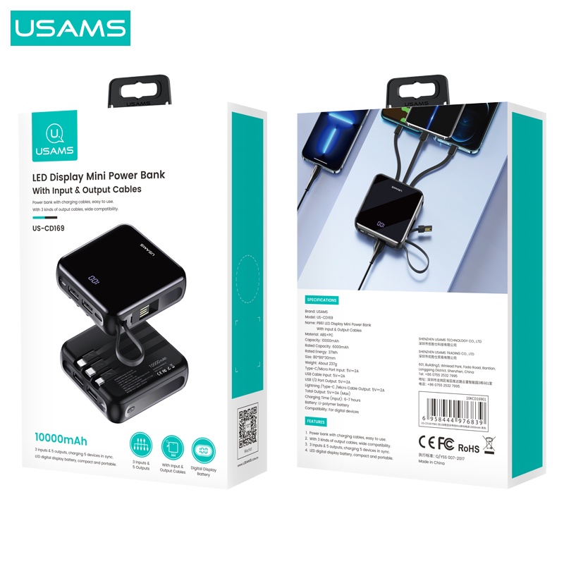 USAMS PB61 LED Display Mini Powerbank 10000mAh With Input Output Cables