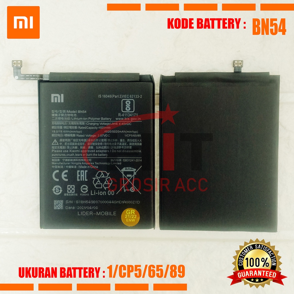 Baterai Battery BN54 Xiaomi Redmi 9 , Redmi Note 9 , Note 9 Pro , Redmi Note 10 Pro