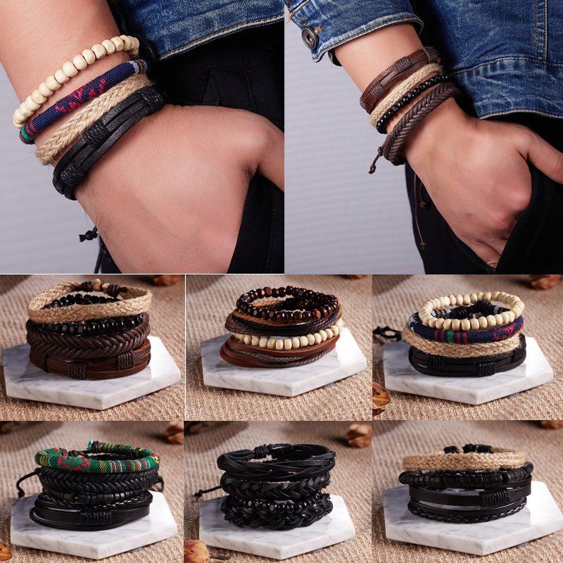 6pcs / Set Gelang Pria Strap Kulit Bandul Desain Daun + Manik-Manik Kayu Gaya Retro Adjustable Untuk Hadiah