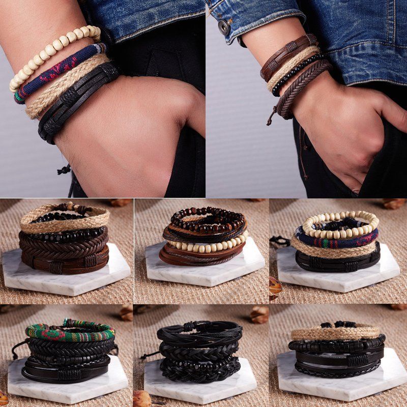 5 / 6Pcs Gelang Tangan Kulit Kepang Adjustable Gaya Hip Hop Punk Untuk Pria