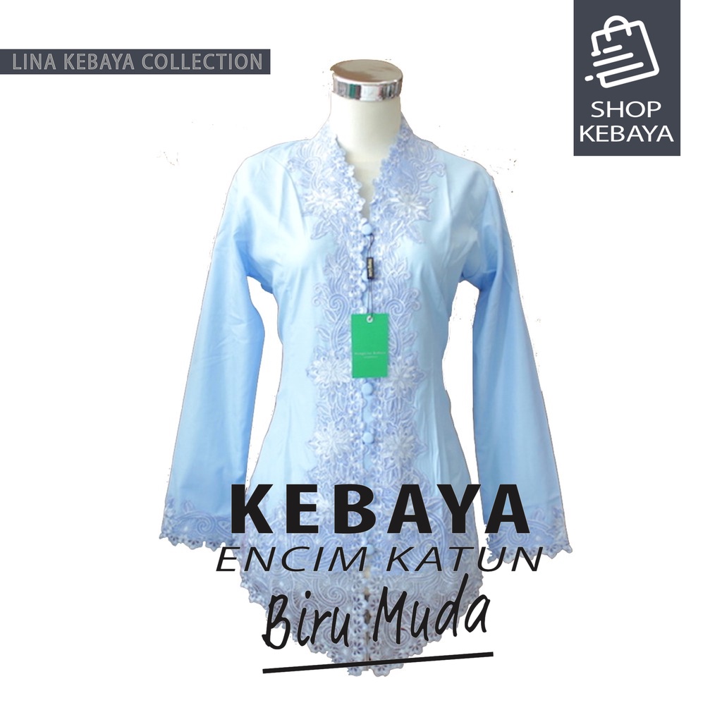 Kebaya Encim Kartini Katun Bordir Modern Biru Muda Lengan Panjang Jumbo