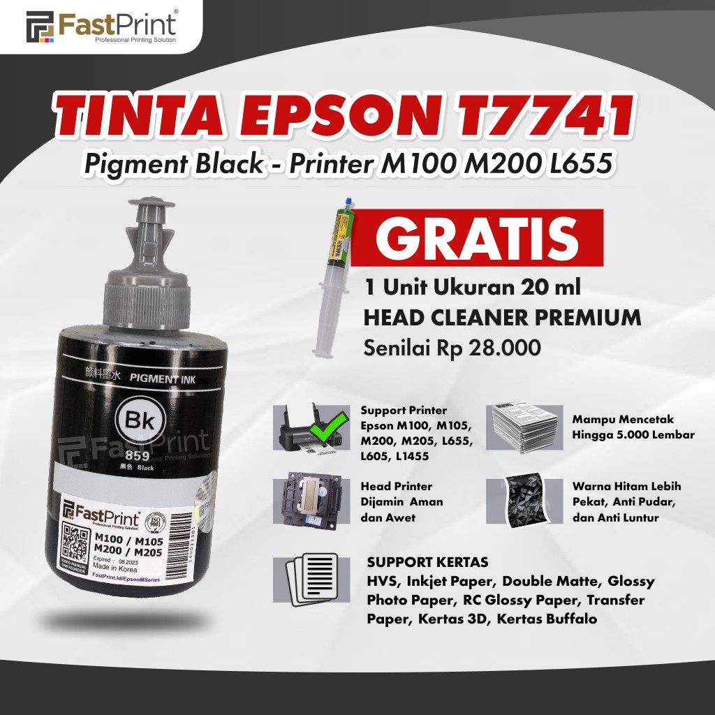 Tinta Epson T7741 Pigment M100 M105 M200 M205 Black L655 L605 L1455