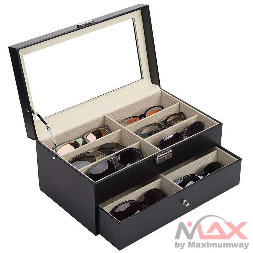 Kotak Organizer Kacamata Kotak Penyimpanan Kacamata Eyeglasses Sunglasses Box 12 Slot Leather 12 Piece Eyeglasses Storage and Sunglass Glasses Display Drawer Lockable Case Organizer PU Leather Watch glasses jewelry storage box Watch Jewelry glasses dust