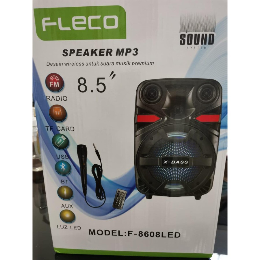 SPEAKER BLUETOOTH FLECO 8'5 INCH F-8608LED FREE MIC KAROKE + REMOTE