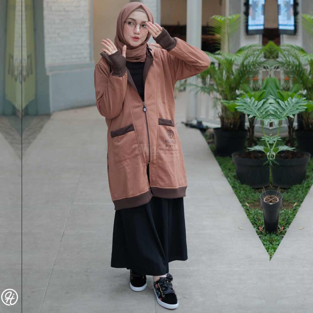 Jaket Hoodie Panjang Wanita Cewek Muslimah Hijaber Jacket Hijab Roundhand Finger Hijacket YK Coklat-2