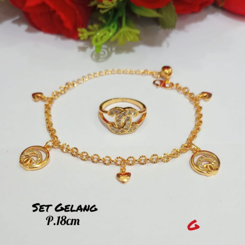 Set Gelang Jurai permata+Cincin zircon menawan logam emas ANTI KARAT