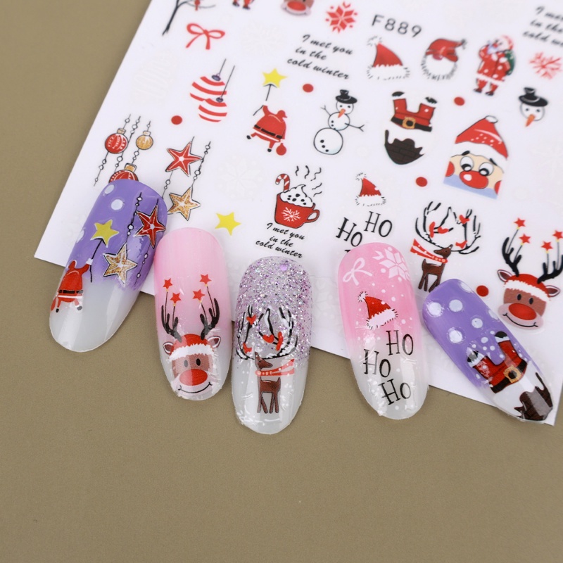 1 Lembar Stiker Kuku 3D Motif Kartun Rusa Santa Claus Penguin Tahan Air Untuk Dekorasi Nail Art