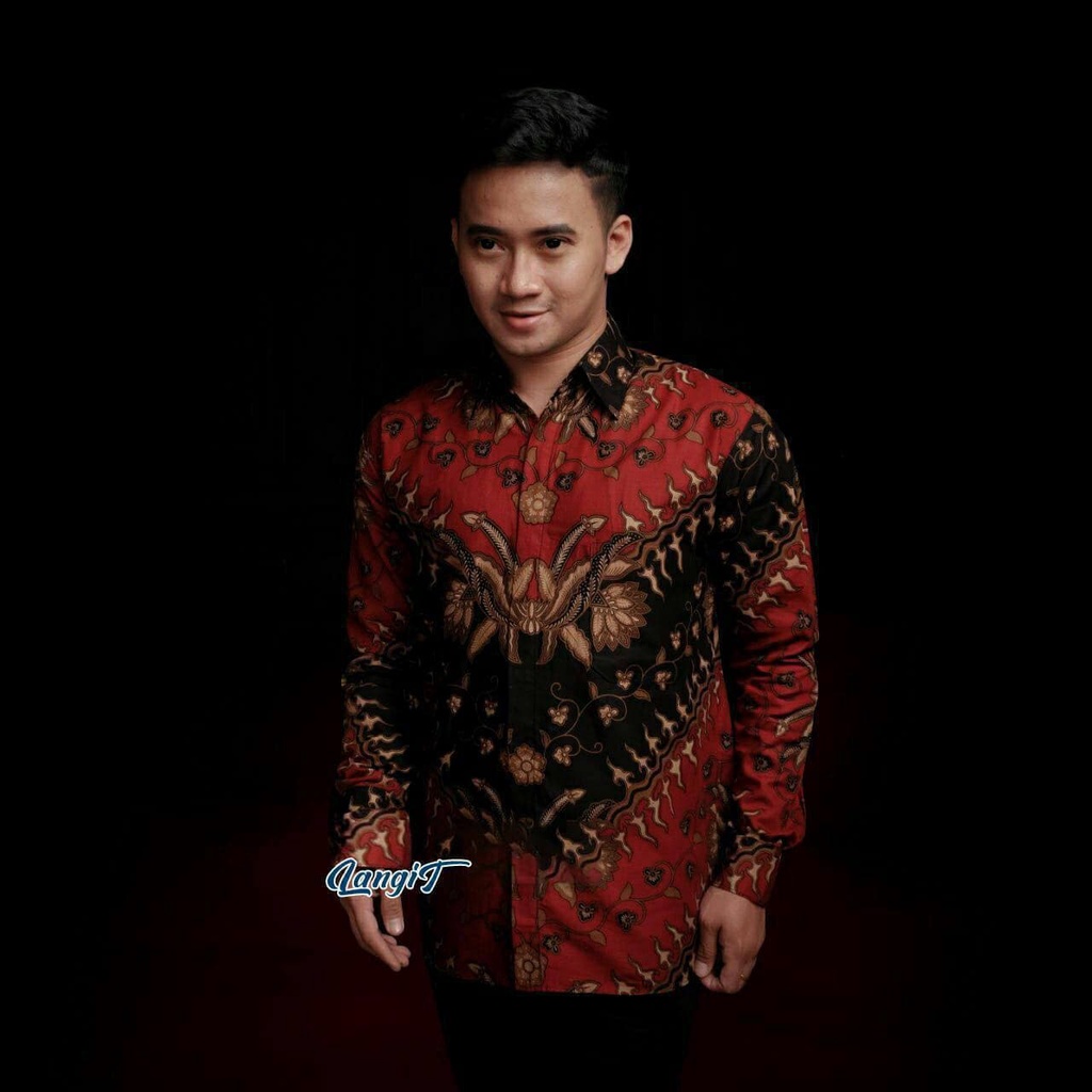 Atasan Batik Pria Lengan Panjang Kenongo Hem Padi Pekalongan M L XL-KMJ-Keris Merah