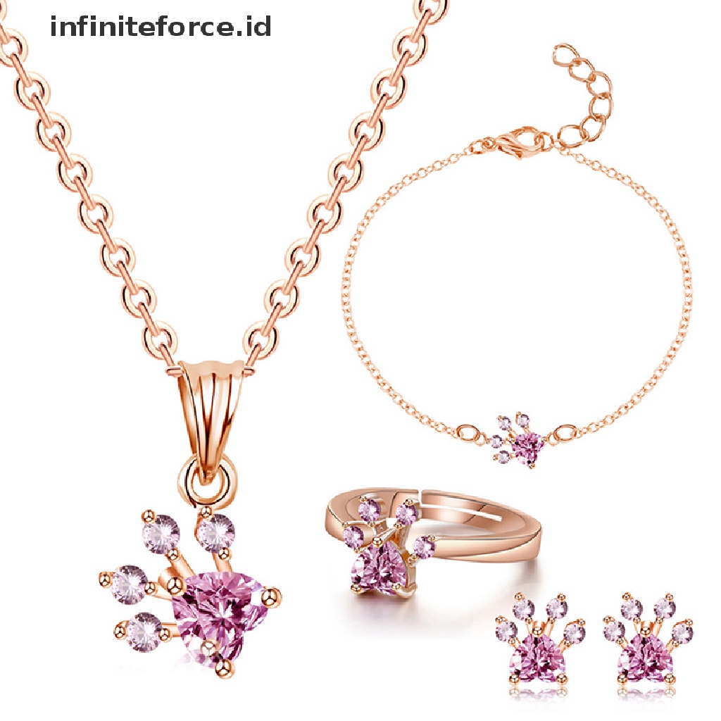 Infiniteforce.id 4pcs / Set Kalung + Gelang + Cincin + Anting Tusuk Motif Telapak Kaki Anjing Aksen Kristal Untuk Wanita