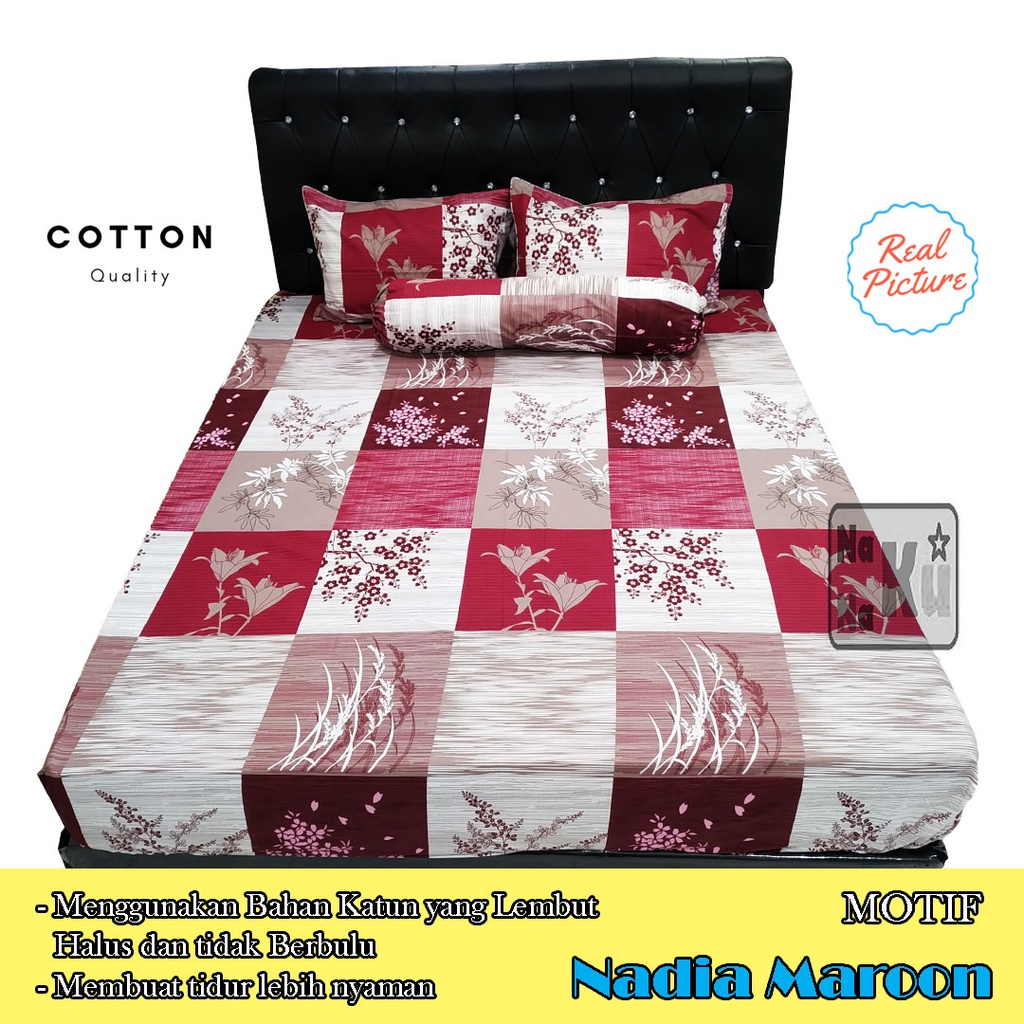 Sprei Set Katun dgn Sarung Bantal dan Guling - Motif Nadia Maroon