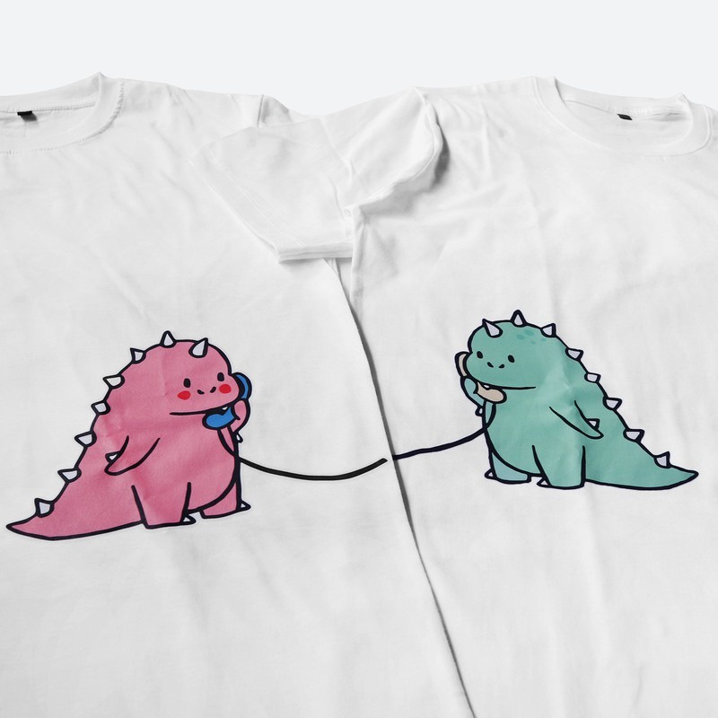 MYSTIQUE.ID-BAJU KAOS COUPLE PINK DINO AND GREEN DINO T-SHIRT LUCU DAN AESTHETIC