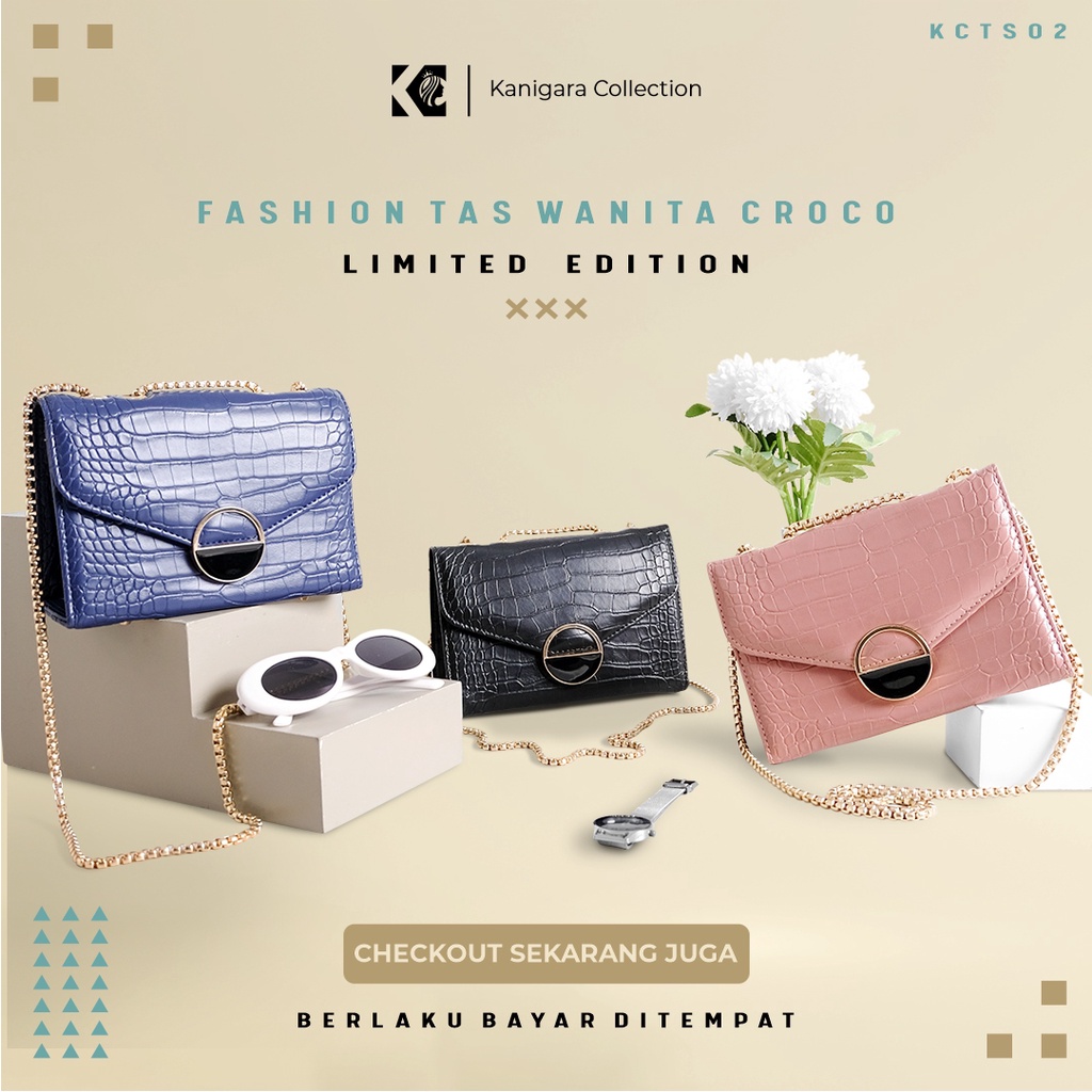 Tas Selempang Sandang  Pundak Pesta Kecil Mini Kulit Ootd dengan Motif Croco Rantai untuk Ibu Ibu Ko
