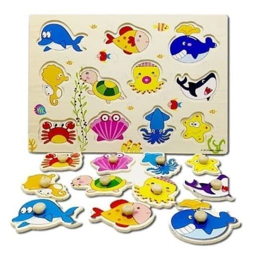 Puzzle Kayu Wooden Knob Hewan Laut A3012 - Mainan Edukasi Anak Puzzle Bergambar Binatang Laut / Wooden Marine Animal EducationalToys