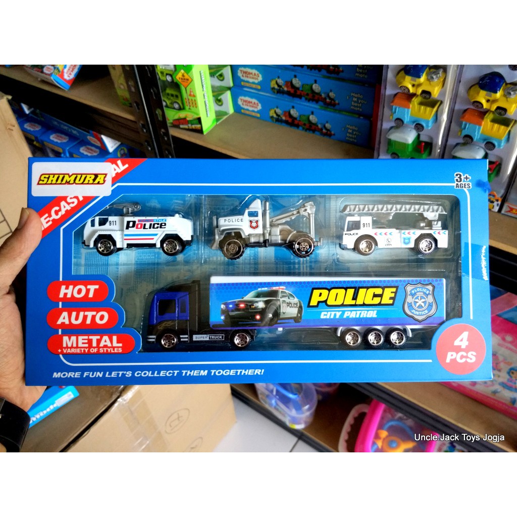Mainan Anak - Miniatur Mobil Polisi - Truck Trailer Plus Car