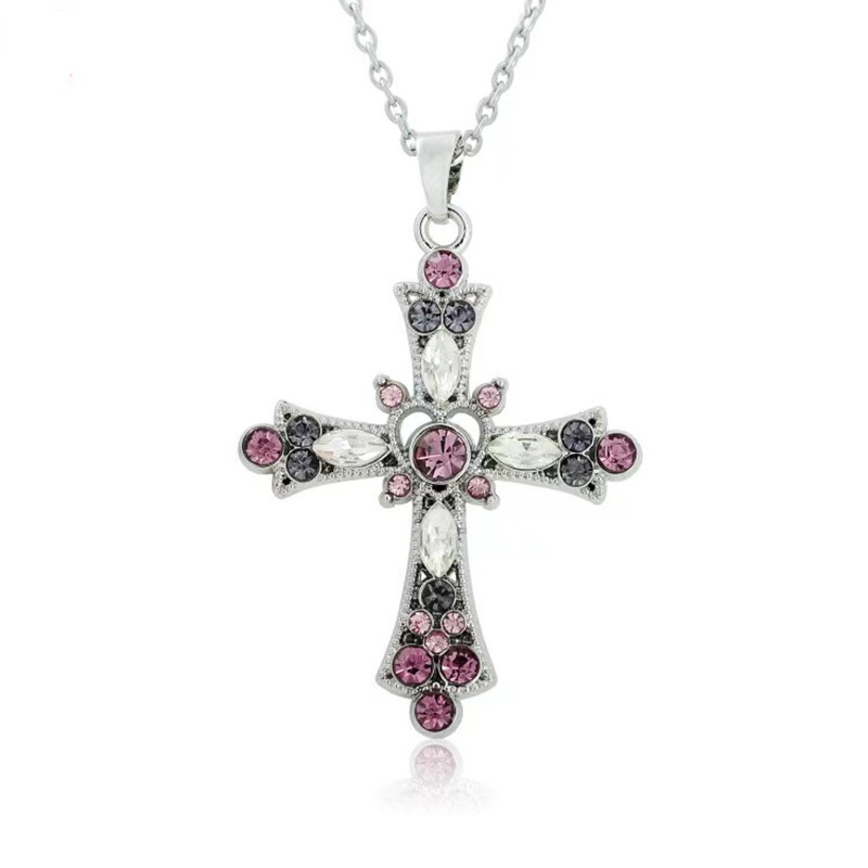 Kalung Rantai Liontin Salib Warna Pink Ungu Bahan Zirkon Gaya Gothic Punk Untuk Wanita