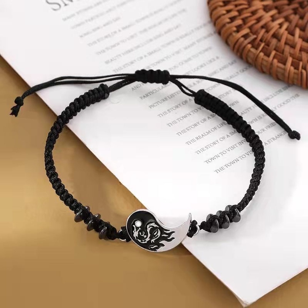 Gelang Tali Tenun Tangan Motif Naga Hitam Putih Gaya Etnik Untuk Pasangan