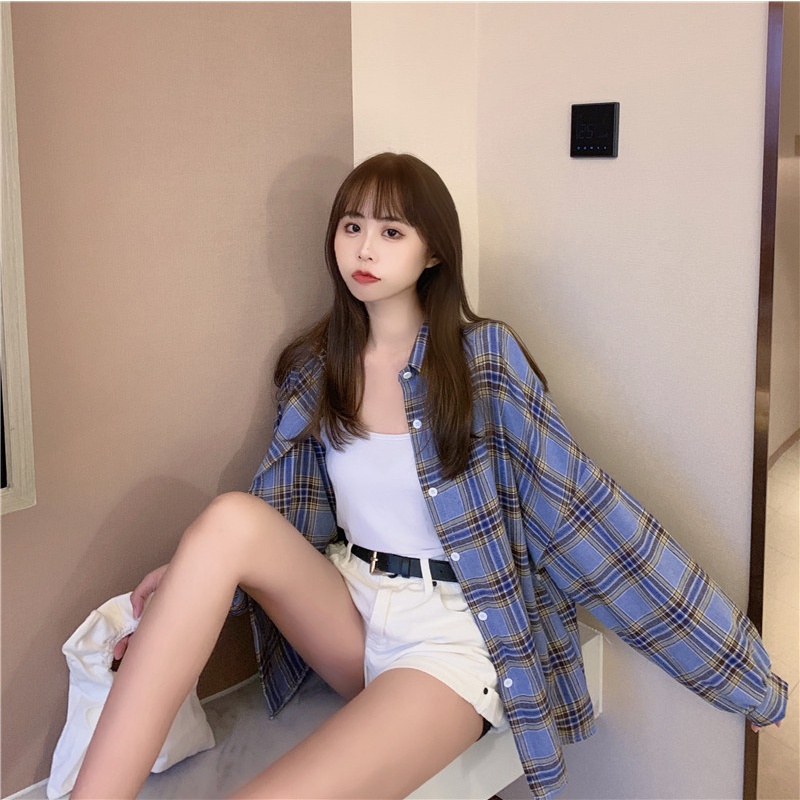 [5 Warna]Korea Style Fashion Kemeja Kuning Panjang Kasual Atasan Baju Jumbo Wanita Plaid Blouse Shirt