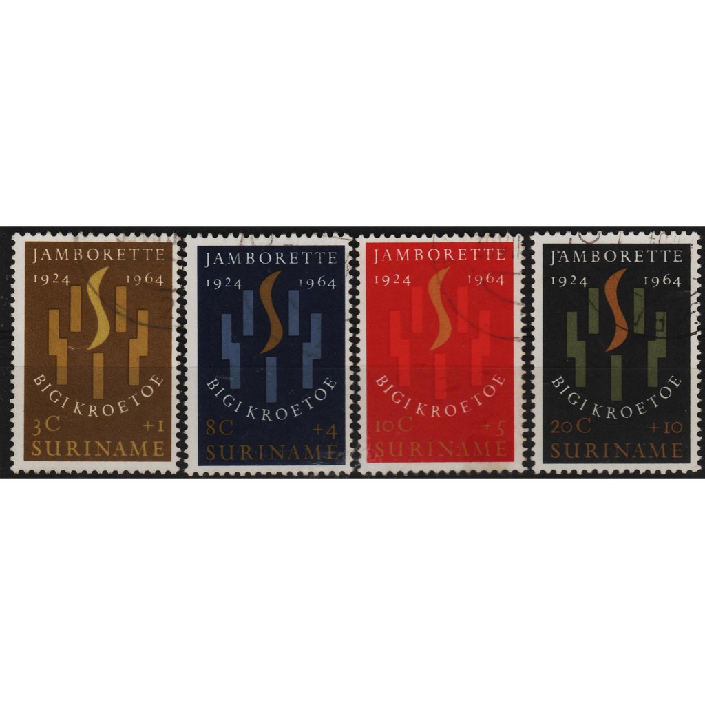 

Perangko Filateli A5-28 suriname VFU 4v 29.07.1964 scout jamborette paramaribo and The 40th Anniversary of surinam bo
