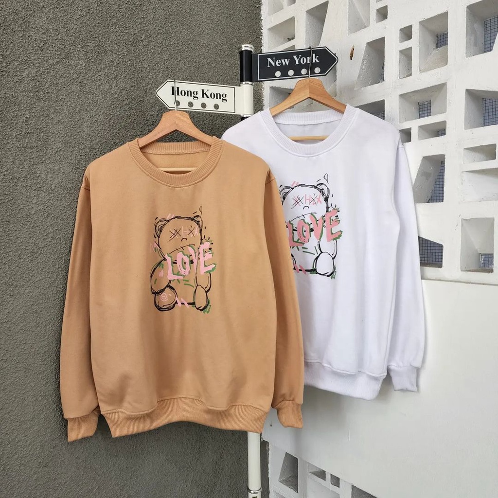 BEAR LOVE Oversize Sweater Crewneck Oblong Wanita | Baju Blouse Kece and Stylish Fleece Tebal Korean Style