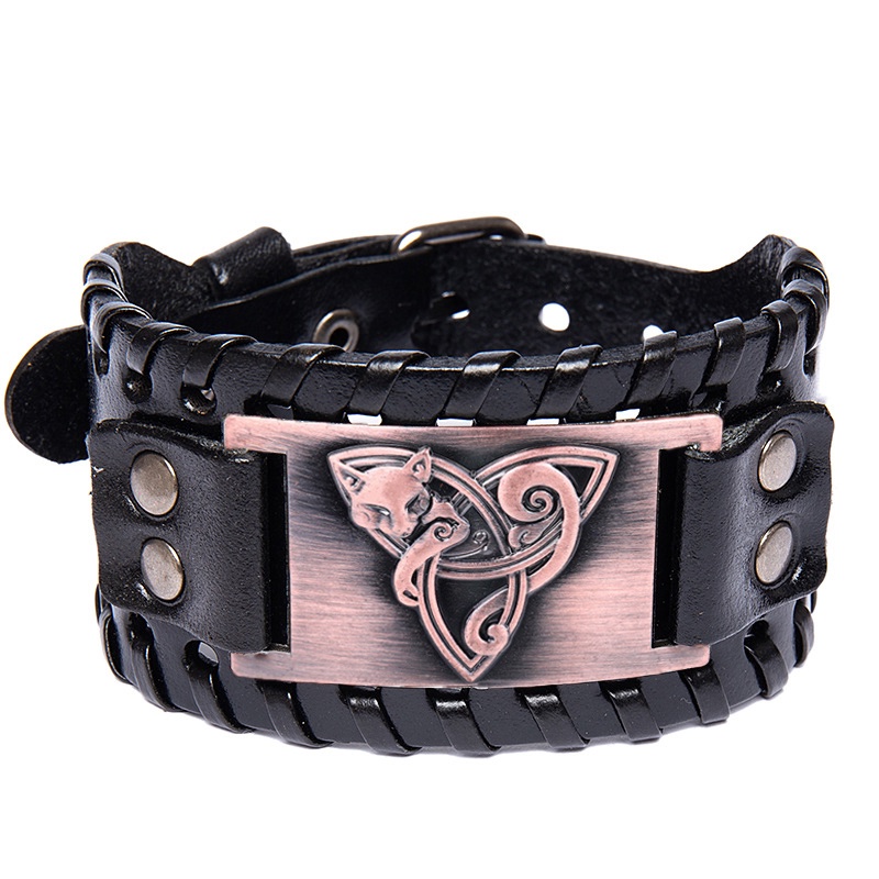 [Z H Perhiasan] Hip Hop Rock Retro Pria Fashion Stainless Steel Viking Fox Rune Gelang Kulit Pesta Perhiasan Aksesoris