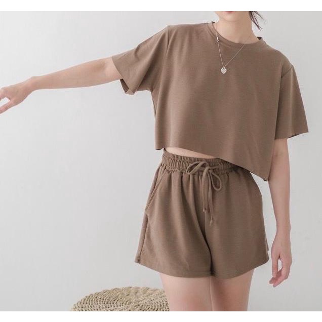 BEFAST - ZEC OOTD Wanita Setelan HAICO / HN Set / Pakaian Set Wanita Terbaru / Set Kekinian / Set Kekiniaan Remaja Wanita / Setcel Casual Santai / Set Polos / Termurah / Set Atasan Crop Lengan Pendek+Celana Pendek