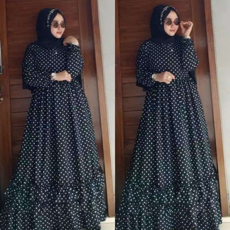 Baju gamis wanita muslim polkadot / naira maxi dress / gamis polkadot terbaru size L / XL-0