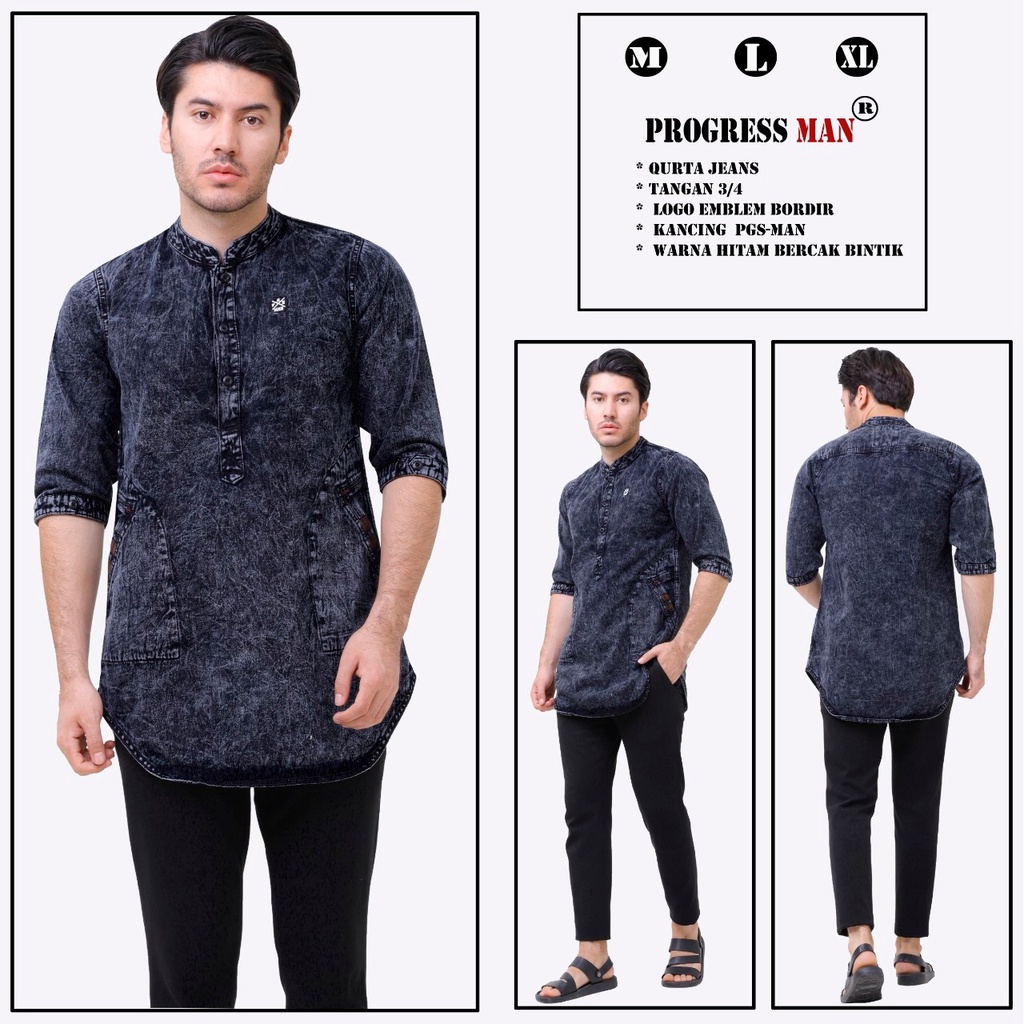 PROGRESS MAN baju koko jeans pria lengan tiga perempat koko kurta pangsi kemeja koko denim pria lengan tiga perempat kurta pangsi jeans baju kurta denim dewasa logo bordir Biru washing P4N9S404