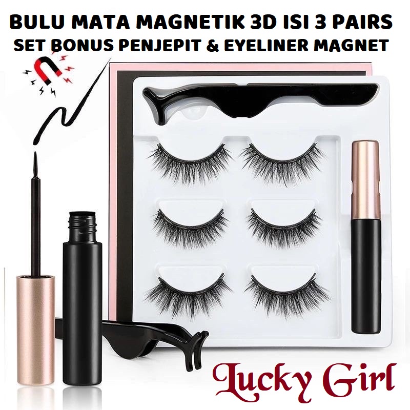 PREMIUM 3 Pasang MAGNETIC EYELASH 3 Pairs LUCKY GIRL EYELINER BULU MATA PALSU MAGNET SILK EYELASHES 3D SUIT FREE EYELINER IMPORT MAGNETIK BULUMATA EXTENSION