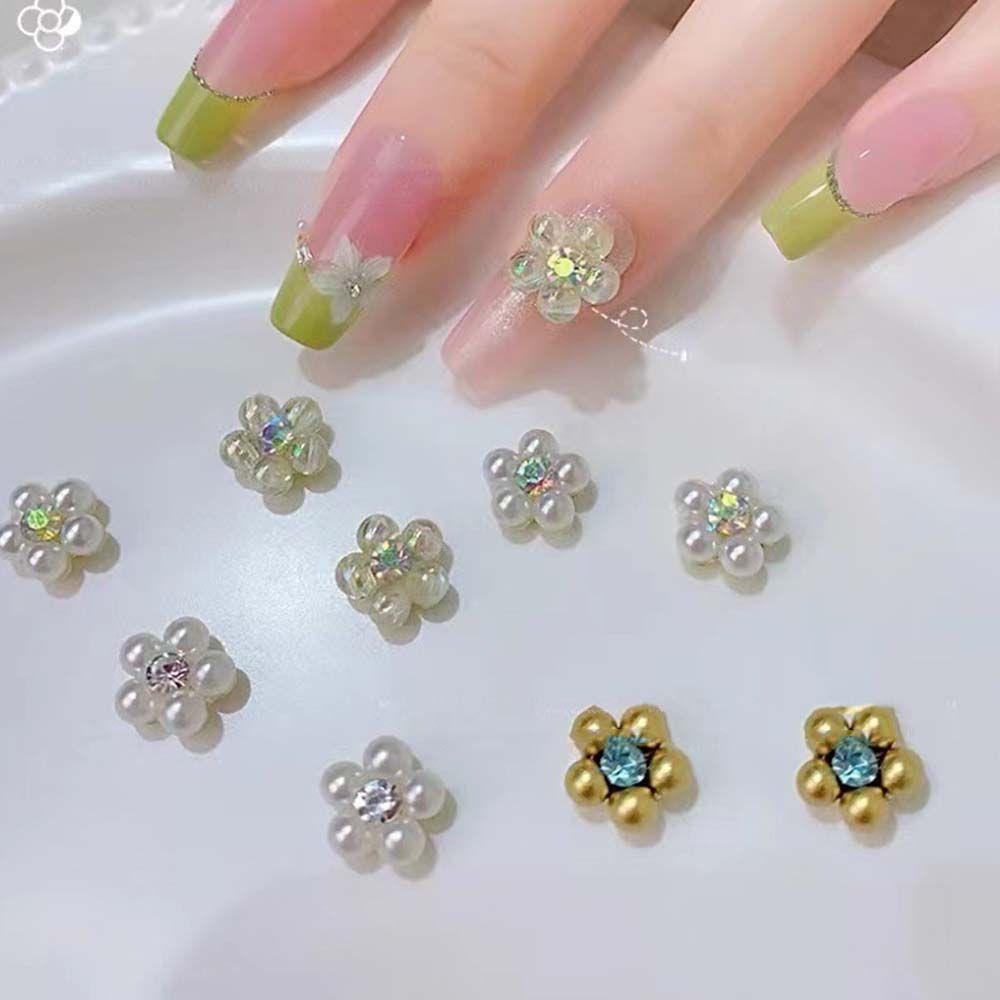 Mxbeauty 3D Pesona Kuku Mewah Lima Kelopak Mutiara Imitasi Kristal Nail Drills Manicure Flower Nail Jewelry