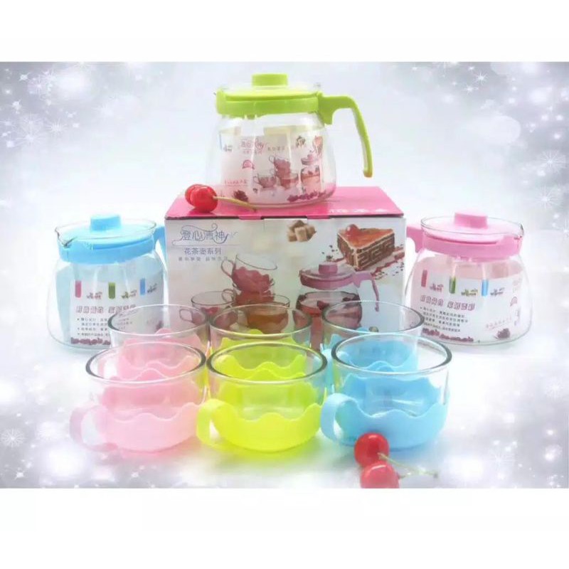 TEKO SET CANTIK  4pcs GELAS KACA 1pcs TEA POT KACA