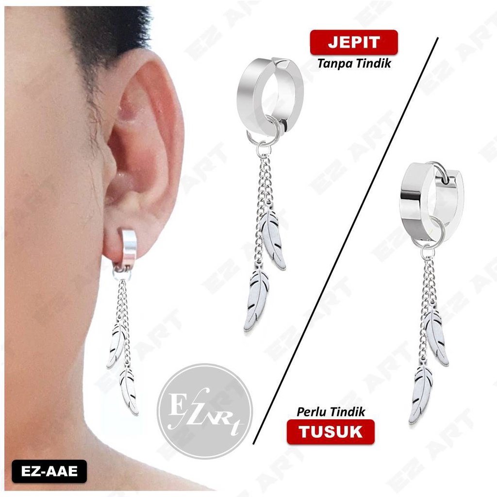 1Pc EZ-AAE ANTING KPOP JEPIT / TUSUK RANTAI BULU GANDA SILVER STAINLESS STEEL PRIA WANITA