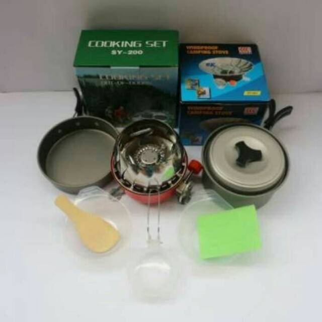 Paket perlengkapan masak camping sy 200 dan kompor windproff, alat masak camping