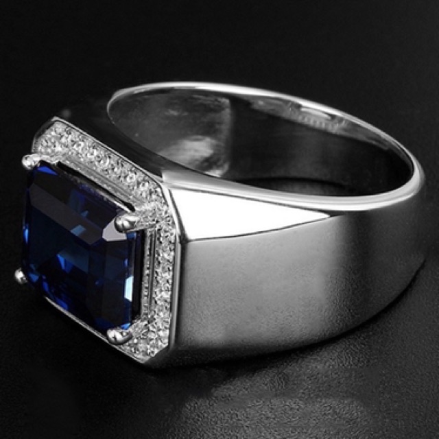 Cincin Perak Pria Sterling Silver 925 Batu Blue Safir Cubic Zirconia Size Bisa Diubah-ubah / Resize