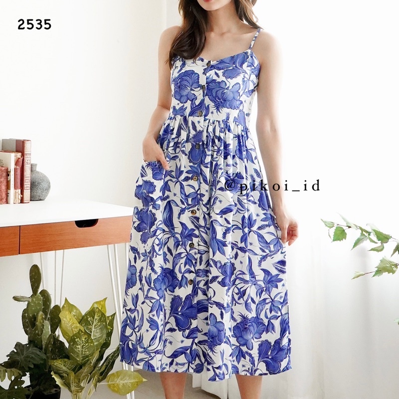 Sleeveless tanktop dress bunga biru / dress wanita katun rayon / Tanktop dress summer HNM murah 2535