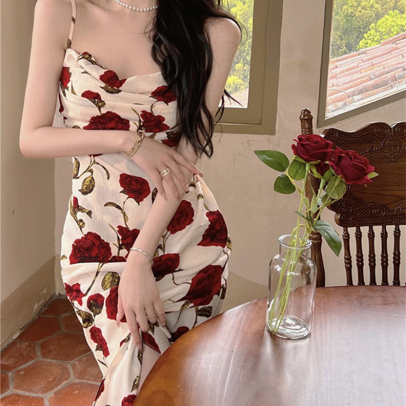 Mini Dress mid-length bag hip split rok tanpa lengan suspender dress rose temperamen pinggang kecil