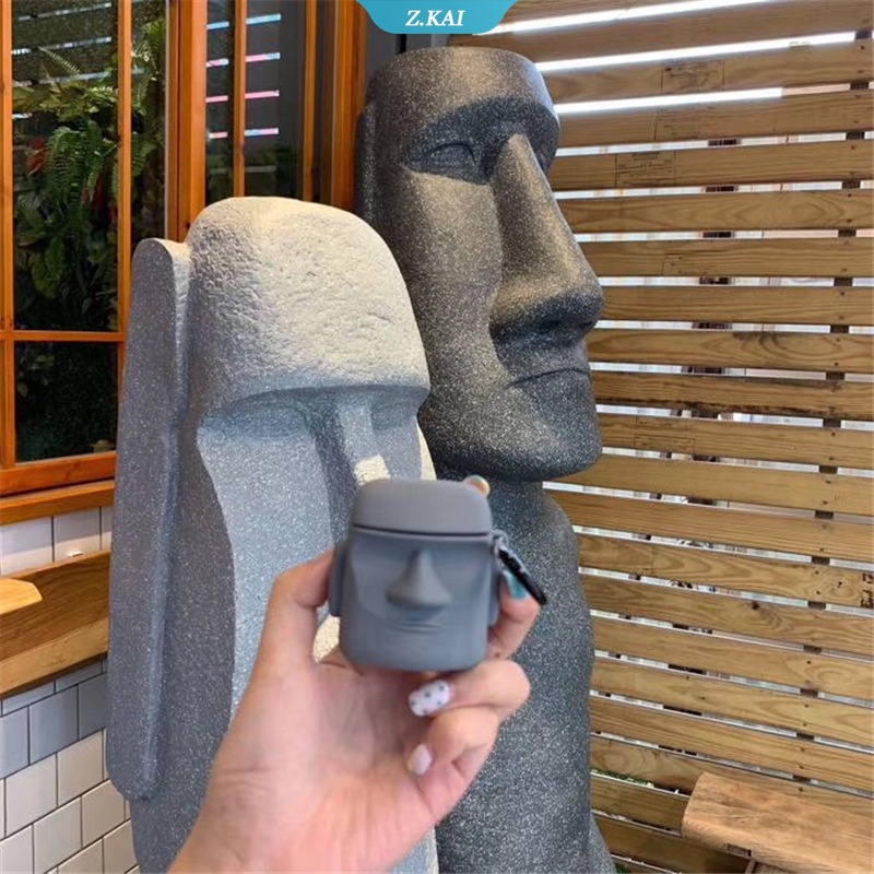 Casing Silikon Motif Moai Stone Dengan Gantungan Kunci Untuk AirPods 1 2 pro