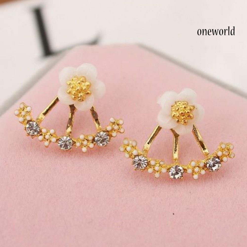 OW@ Women Cute Daisy Shape Rhinestone Inlaid Ear Jacket Earrings Party Jewelry Gift