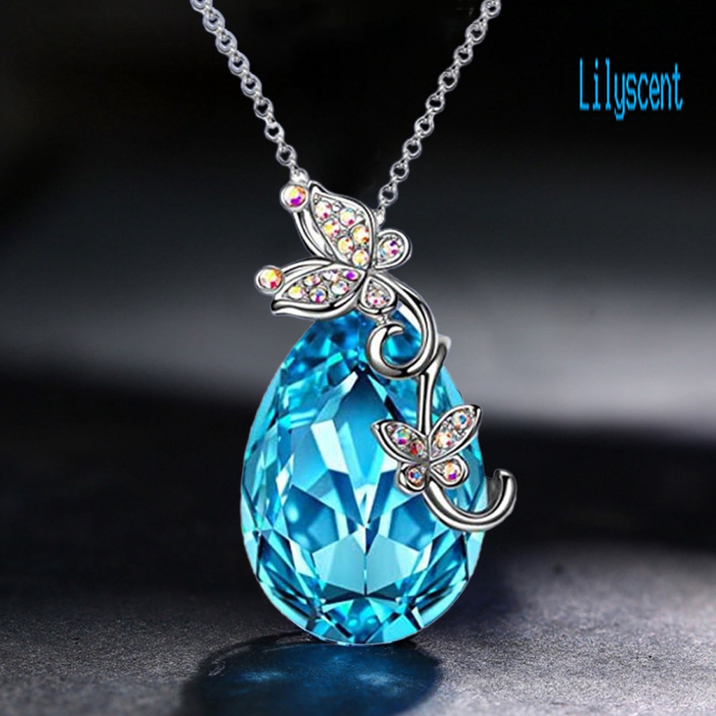 Kalung Rantai Desain Butterfly Waterdrop Aksen Kristal Imitasi Warna Biru Bahan Silver Plated Untuk Wanita