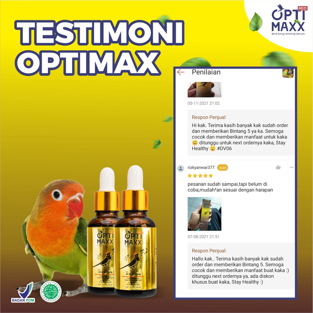 Optimaxx – Optimak Optimek Serum Khusus Suara Burung Lomba Kicau Lovebird Murai Kenari Goci 100% Bahan Alami Burung Jadi Spontan Gacor Volume &amp; Durasi Meningkat Lebih Rajin Berkicau 1-2 Hari Manfaat Terasa Tingkatkan Mental Burung Isi 30ml