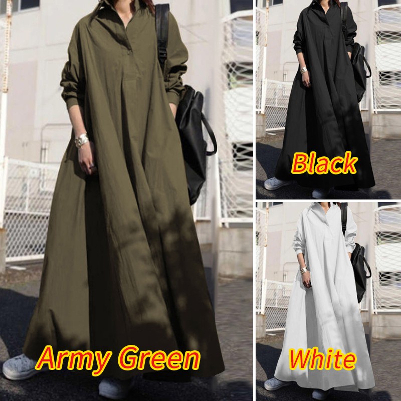 ZANZEA Women Casual Full Sleeve Retro Side Pockets Solid Long Dress