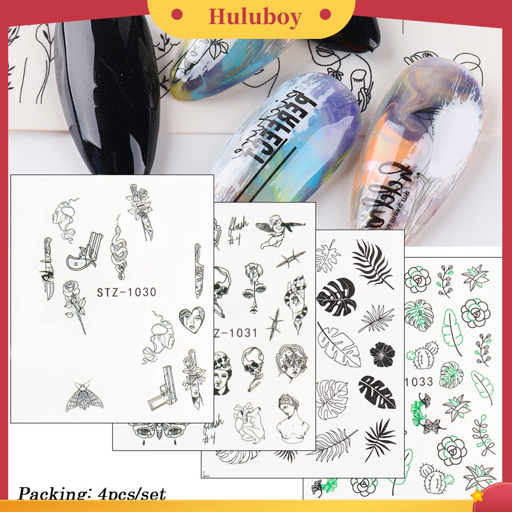 Huluboy Huluboy♡ 16 Lembar Stiker Kuku Motif Garis / Wajah Untuk Dekorasi Manicure