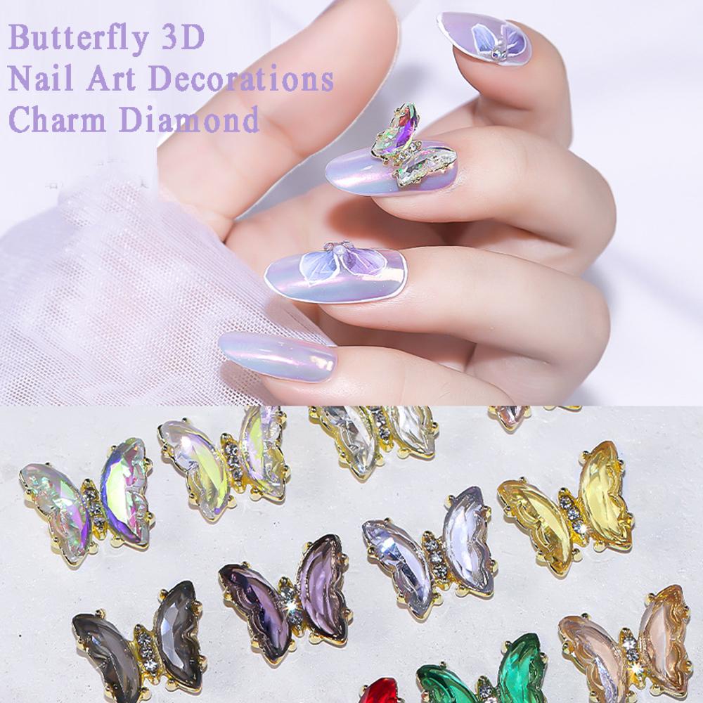 Mxbeauty Hiasan Kuku Kupu-Kupu Kristal Paduan Dasar Datar Manicure Tips Diamond Shiny Zircon Aurora Butterfly