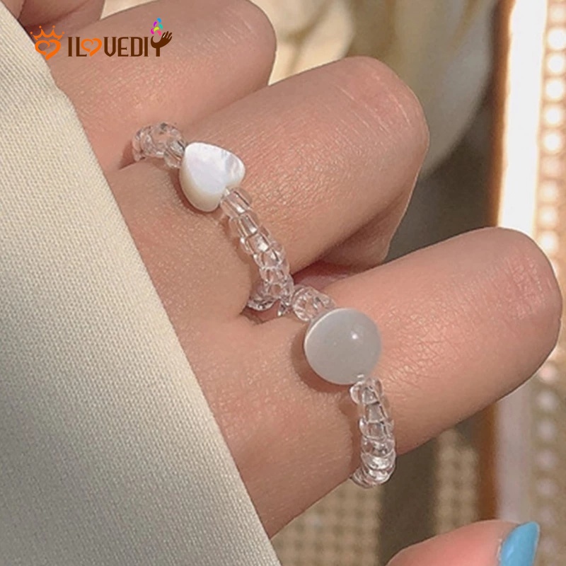 Cincin Manik-Manik Kristal Opal Bentuk Hati Transparan Dapat Disesuaikan Gaya Korea Bohemia Untuk Wanita