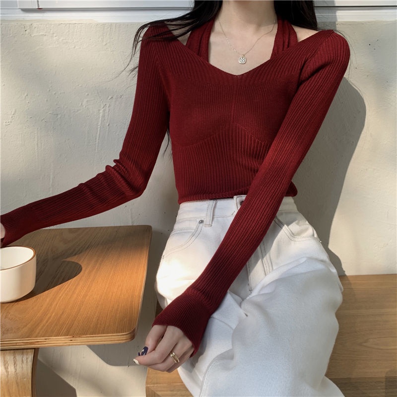 Suhao Kalung V-neck Knitwear Pakaian Wanita Musim Semi dan Musim Panas Versi Korea Baru Slim Fit Legging Knitwear Lengan Panjang Atasan