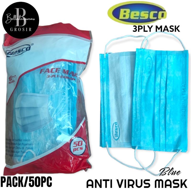 Besco masker 3 ply anti virus tebal medical Grade Earloop Box isi 50 pcs