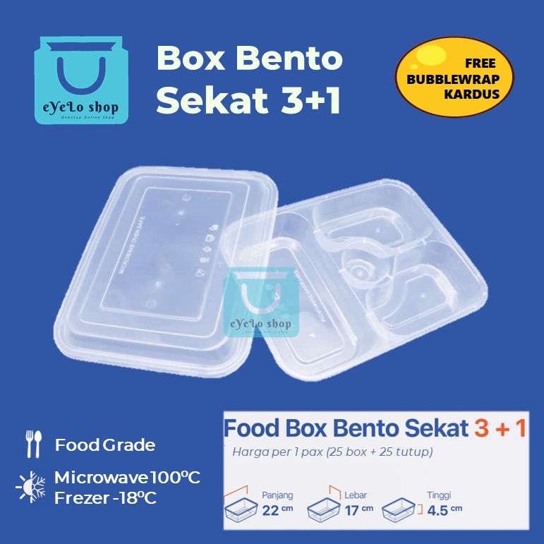 Thinwall Plastik Kotak Bento Sekat 3 + 1 - Packing Bento / Nasi Sayur / Makanan Sehat - isi 25 wadah